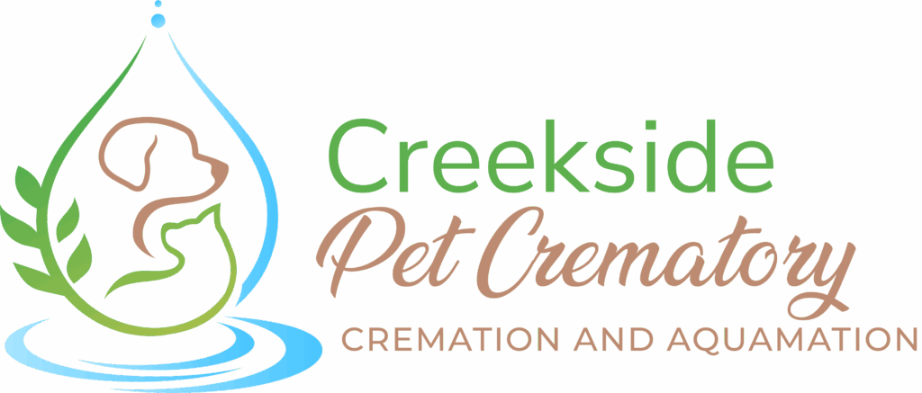 Creekside Pet Crematory logo featuring a water droplet with a paw print and leaf motif