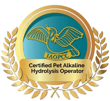 Pet Cremation Certification badge with gold seal and laurel wreath, indicating professional standards and training.