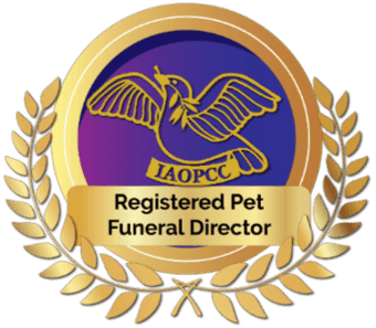 Registered Pet Funeral Director badge with a gold laurel wreath and paw print, indicating certified pet funeral service expertise.